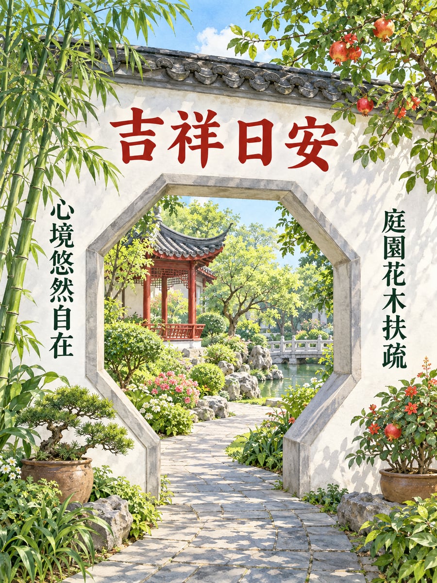 庭園八角門。圖中文字：吉祥日安，庭園花木扶疏，心境悠然自在