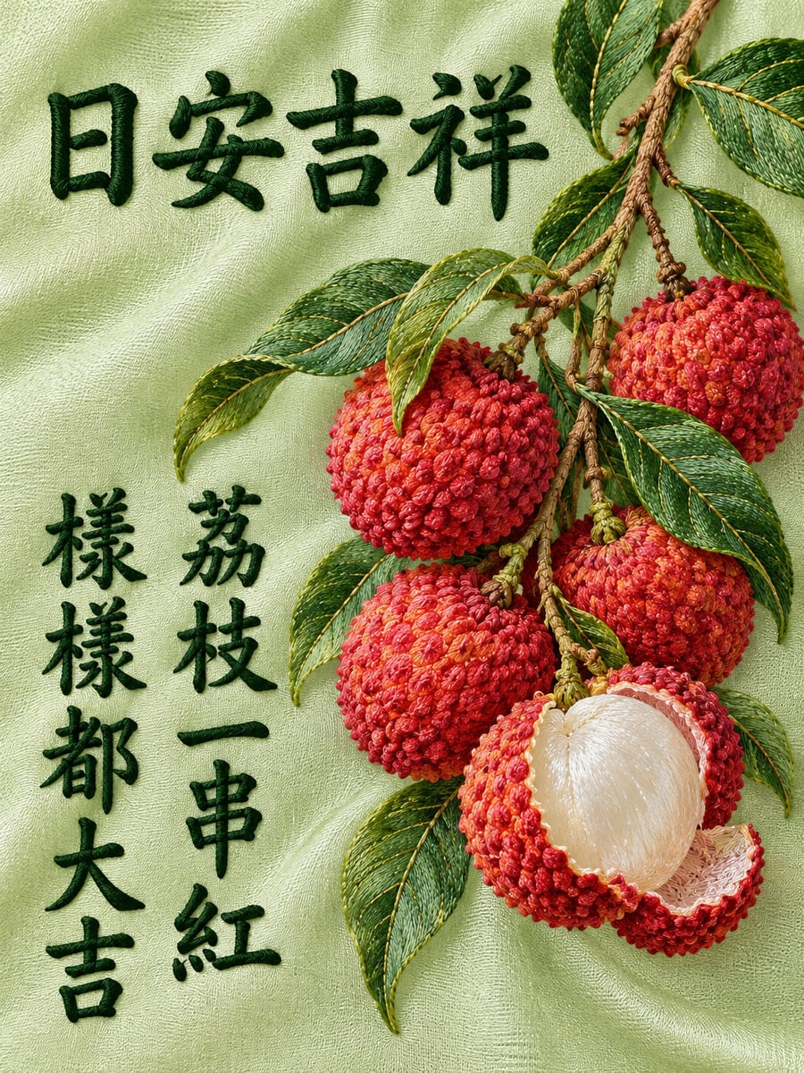 荔枝刺繡。圖中文字：日安吉祥，荔枝一串紅，樣樣都大吉