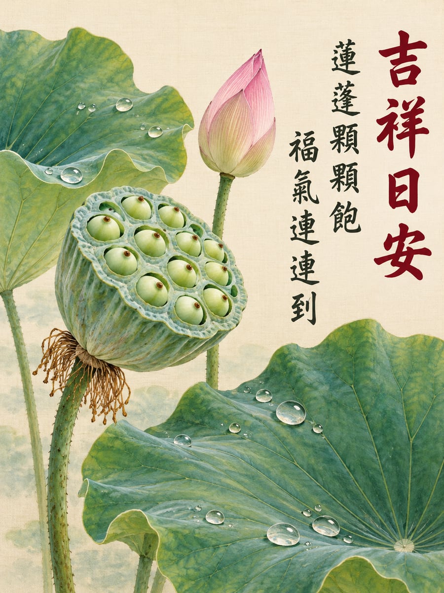 飽滿蓮蓬。圖中文字：吉祥日安，蓮蓬顆顆飽，福氣連連到