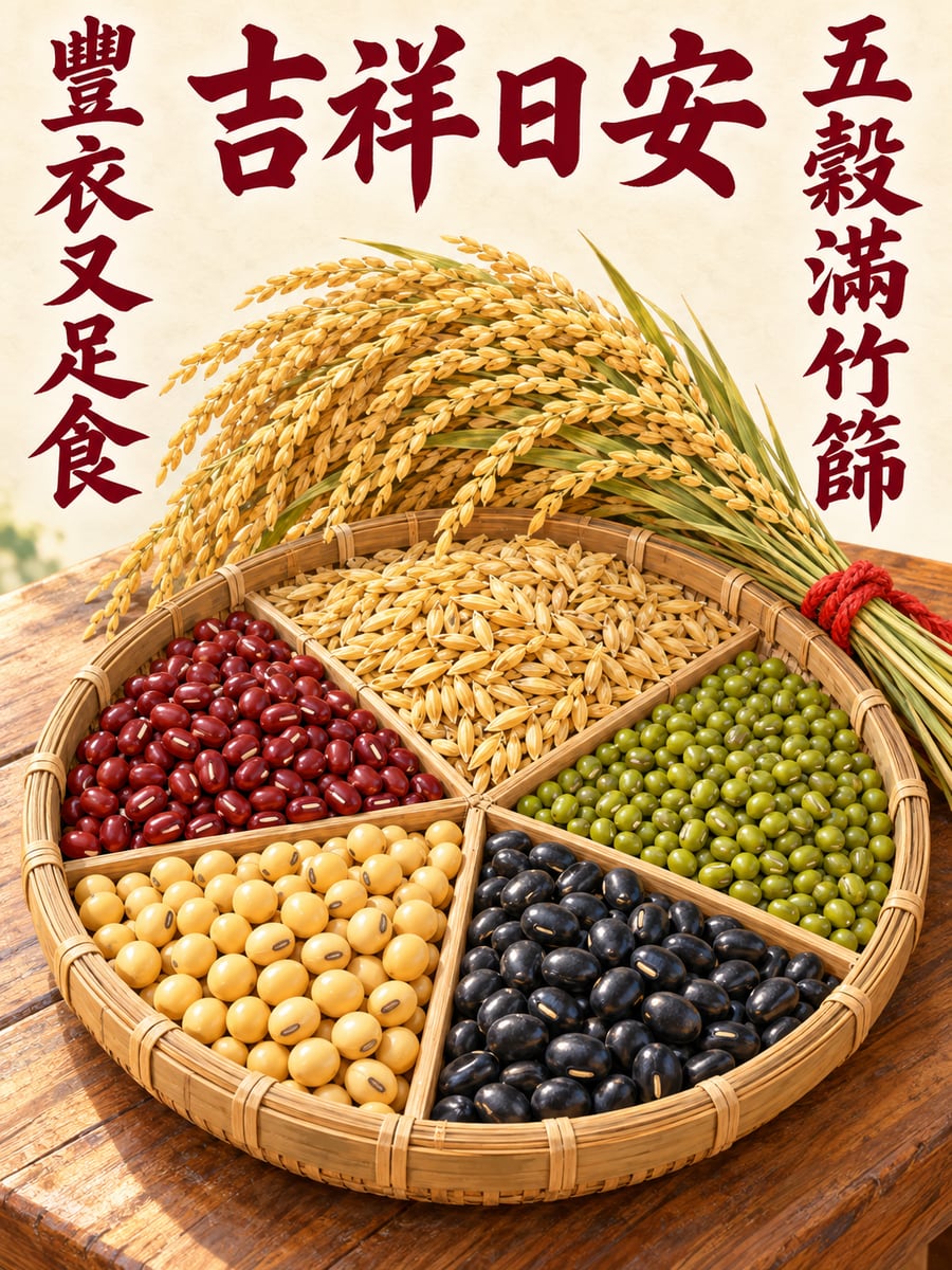 五穀滿竹篩。圖中文字：吉祥日安，五穀滿竹篩，豐衣又足食