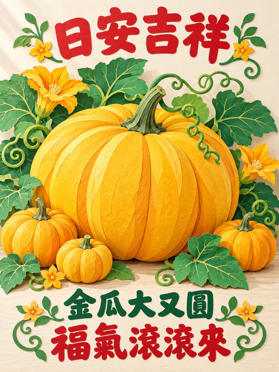 金瓜大又圓。圖中文字：日安吉祥，金瓜大又圓，福氣滾滾來