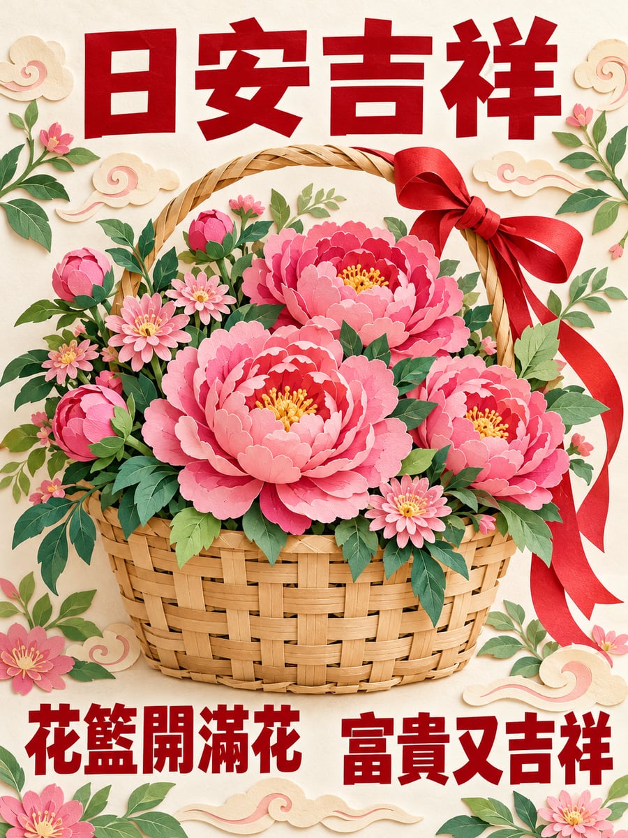 剪紙花籃。圖中文字：日安吉祥，花籃開滿花，富貴又吉祥