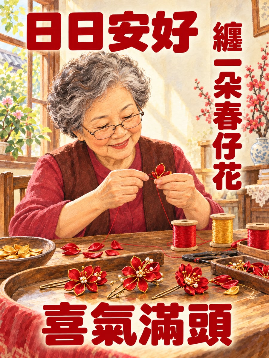 阿嬤纏春仔花。圖中文字：日日安好，纏一朵春仔花，喜氣滿頭
