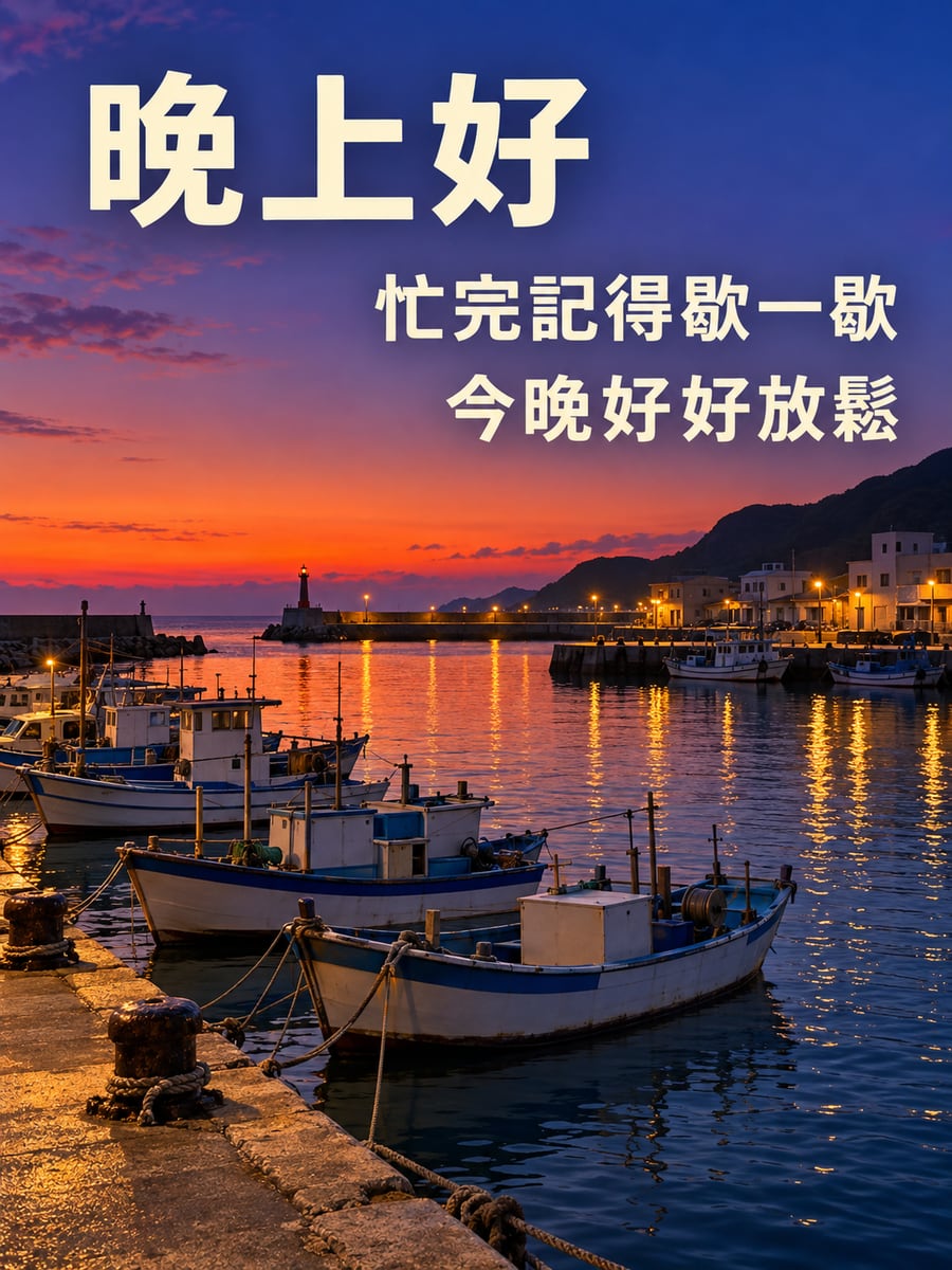 漁港暮色。圖中文字：晚上好，忙完記得歇一歇，今晚好好放鬆