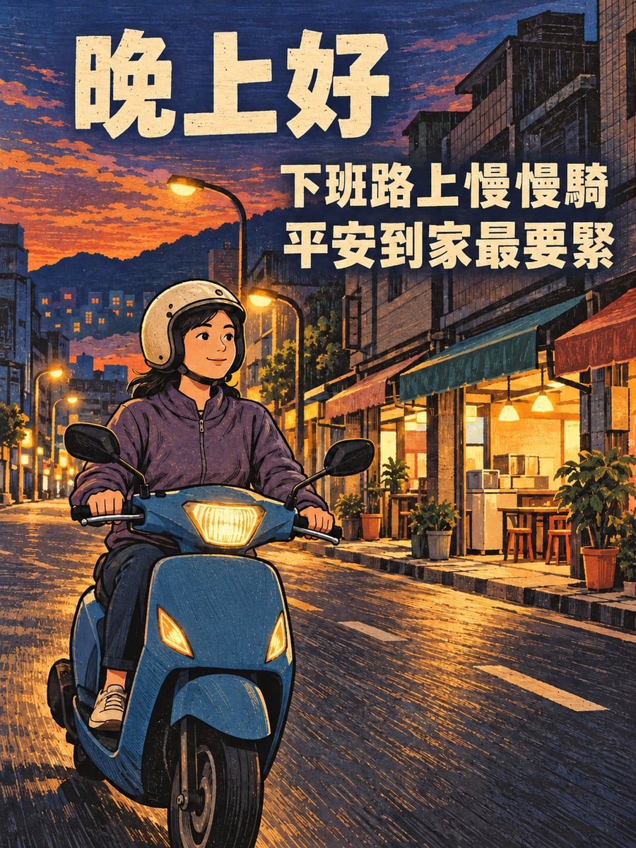 下班騎車回家。圖中文字：晚上好，下班路上慢慢騎，平安到家最要緊