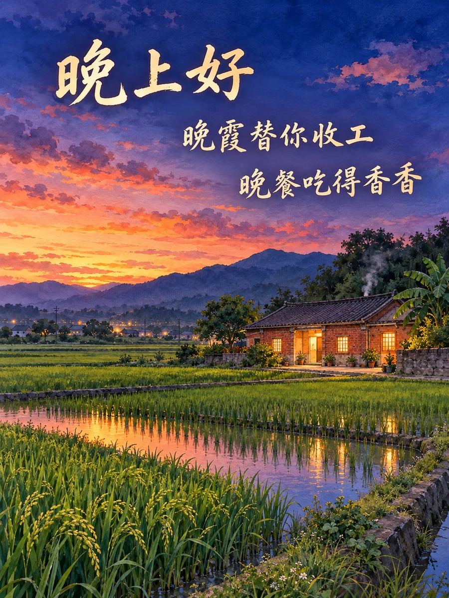 稻田暮色。圖中文字：晚上好，晚霞替你收工，晚餐吃得香香