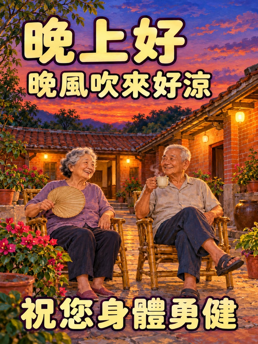 門埕乘涼。圖中文字：晚上好，晚風吹來好涼，祝您身體勇健