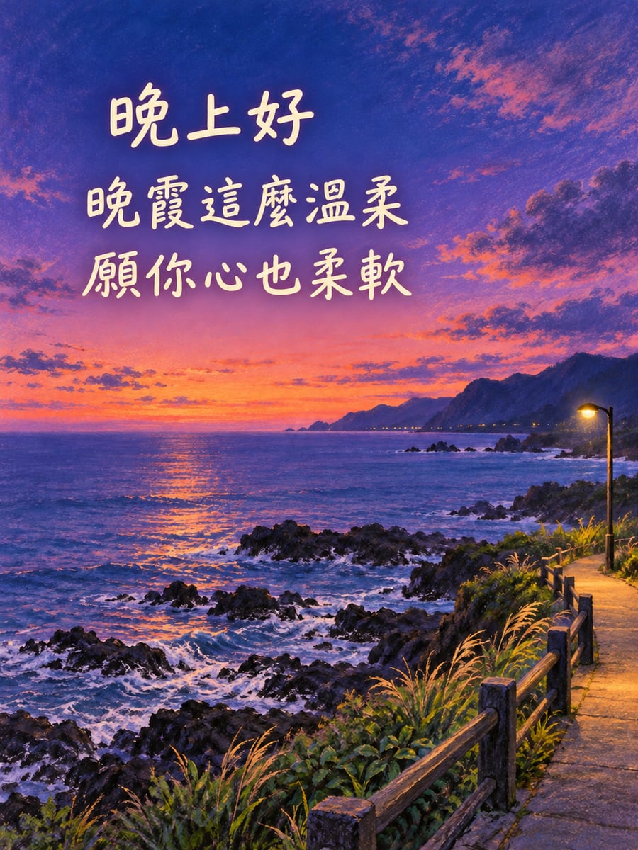 海岸晚霞。圖中文字：晚上好，晚霞這麼溫柔，願你心也柔軟