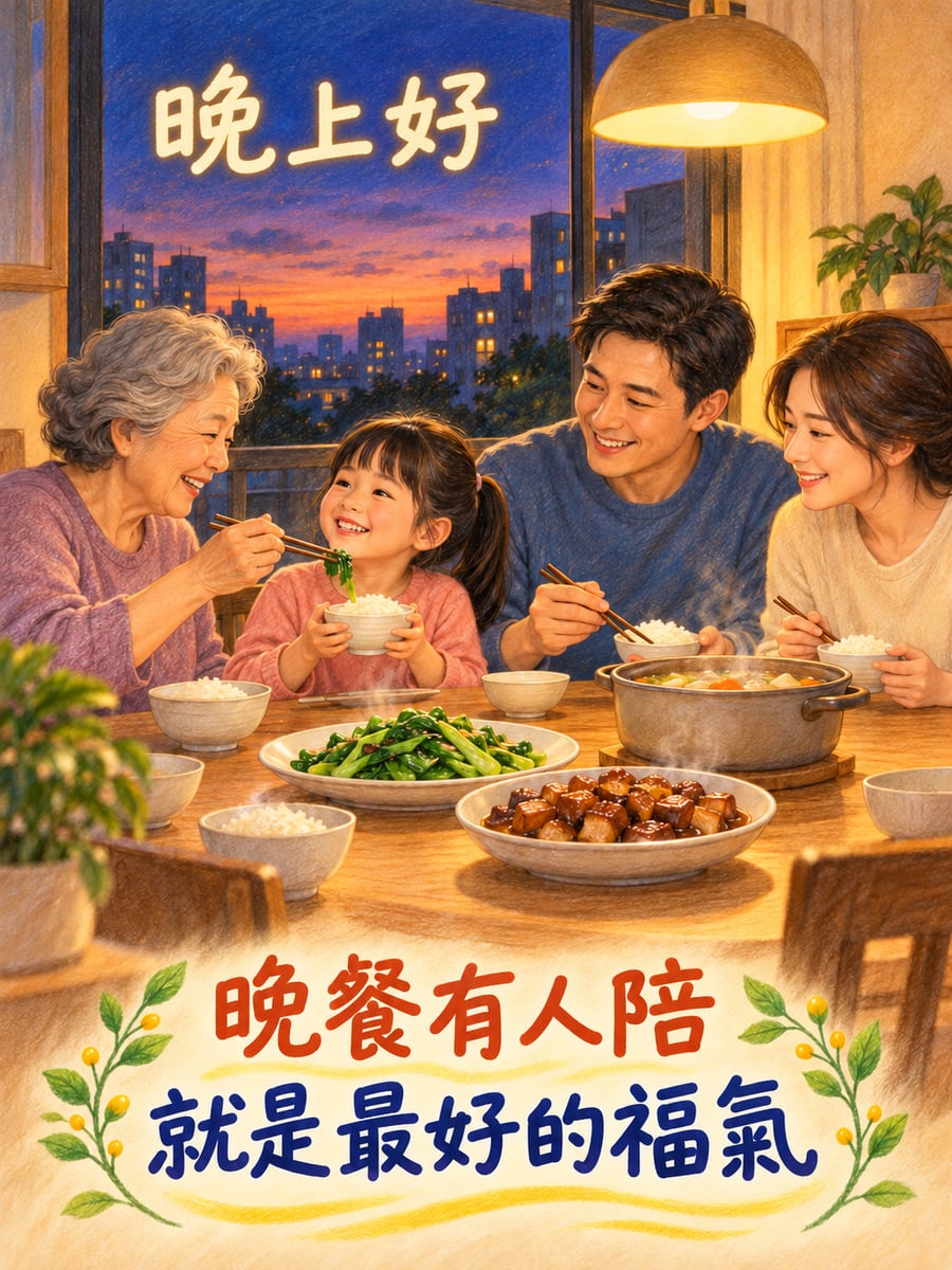 一起吃晚餐。圖中文字：晚上好，晚餐有人陪，就是最好的福氣