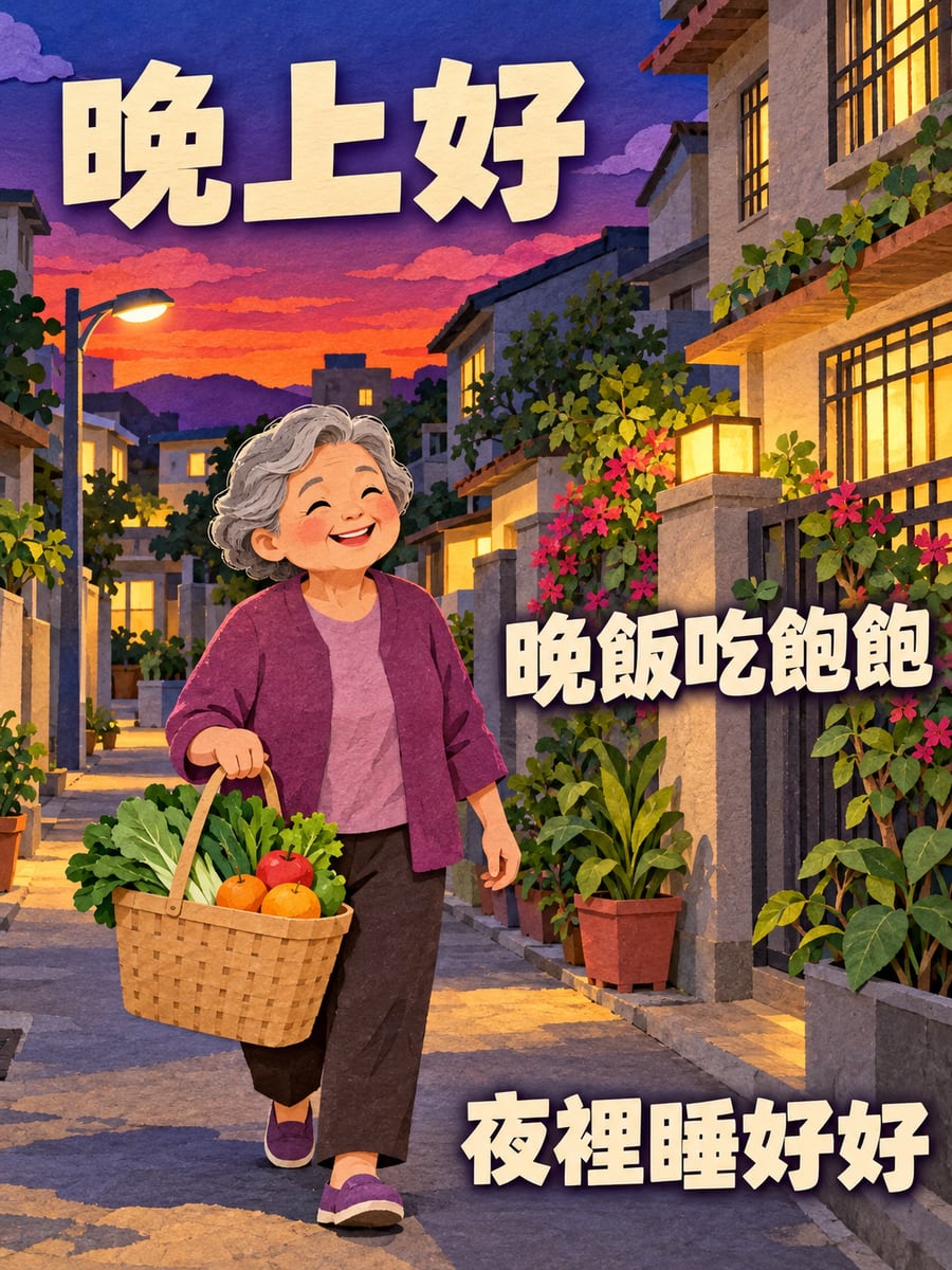 提菜回家的阿嬤。圖中文字：晚上好，晚飯吃飽飽，夜裡睡好好