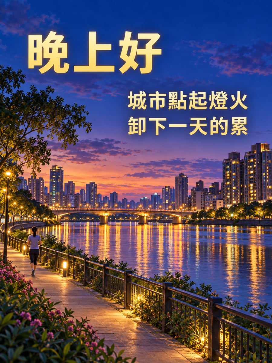 藍調時刻的河岸。圖中文字：晚上好，城市點起燈火，卸下一天的累