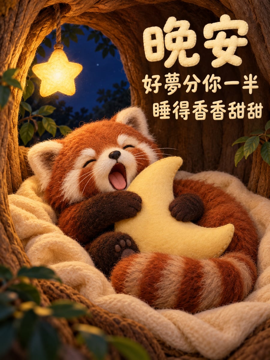 抱彎月抱枕的小貓熊。圖中文字：晚安，好夢分你一半，睡得香香甜甜
