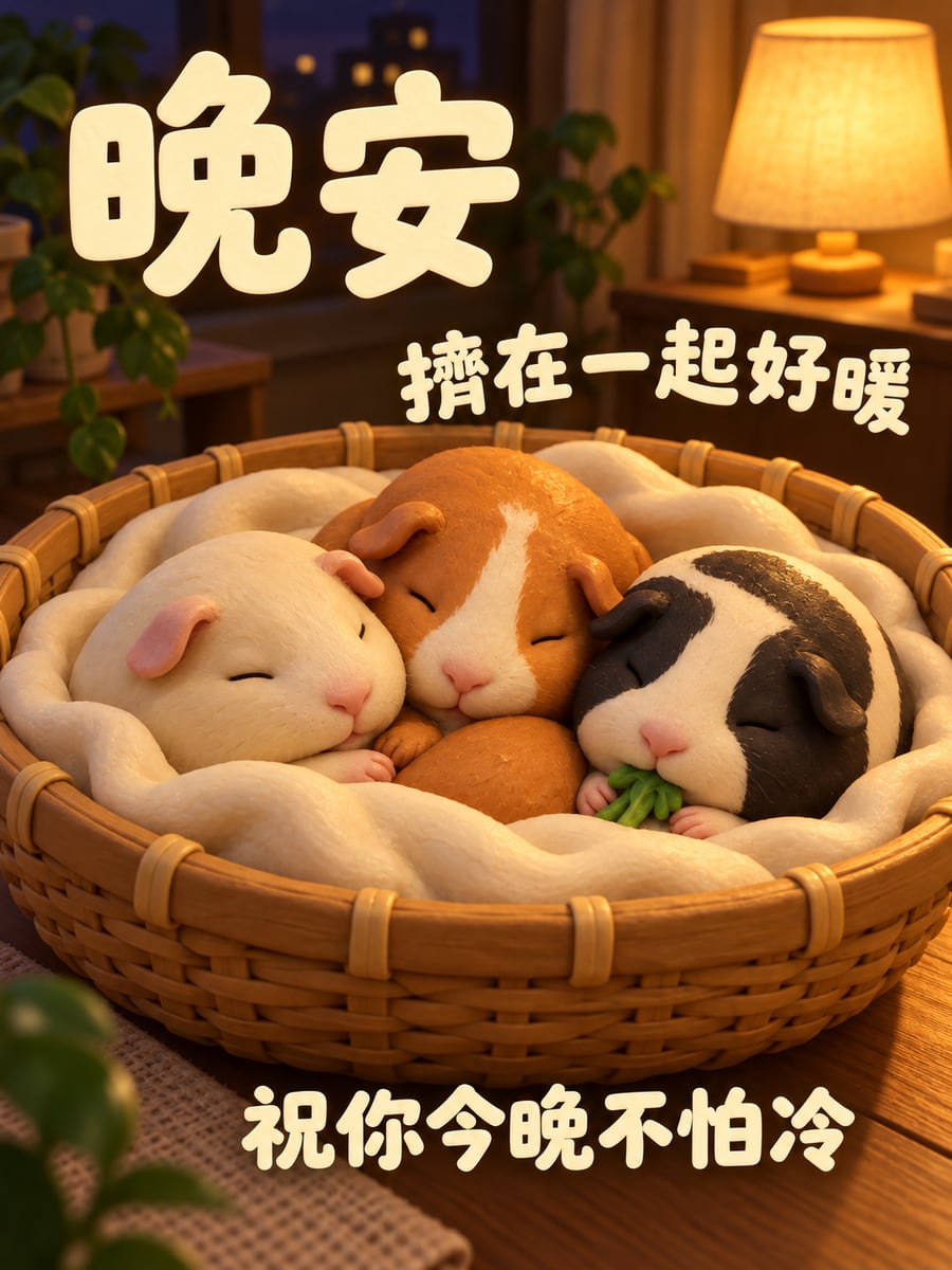 擠在籃子裡的天竺鼠。圖中文字：晚安，擠在一起好暖，祝你今晚不怕冷
