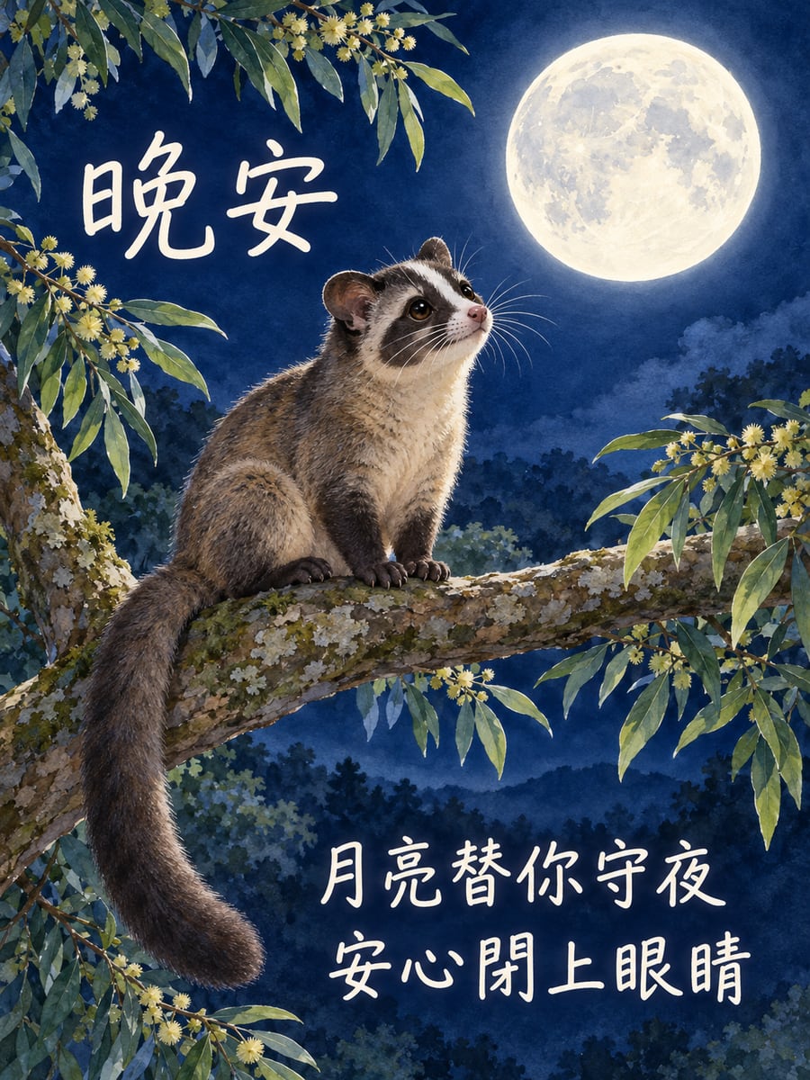看月亮的白鼻心。圖中文字：晚安，月亮替你守夜，安心閉上眼睛