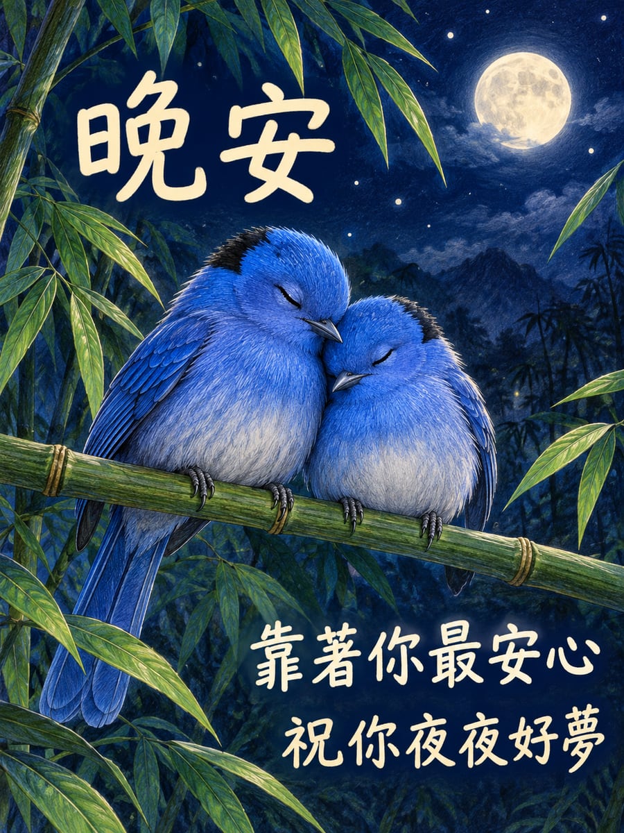 竹枝上依偎的黑枕藍鶲。圖中文字：晚安，靠著你最安心，祝你夜夜好夢