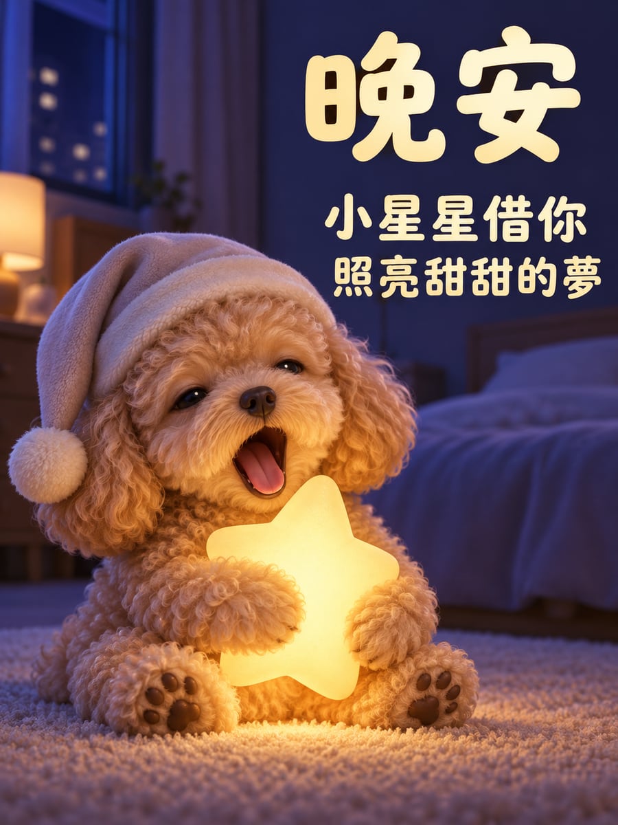 抱星星燈的貴賓狗。圖中文字：晚安，小星星借你，照亮甜甜的夢