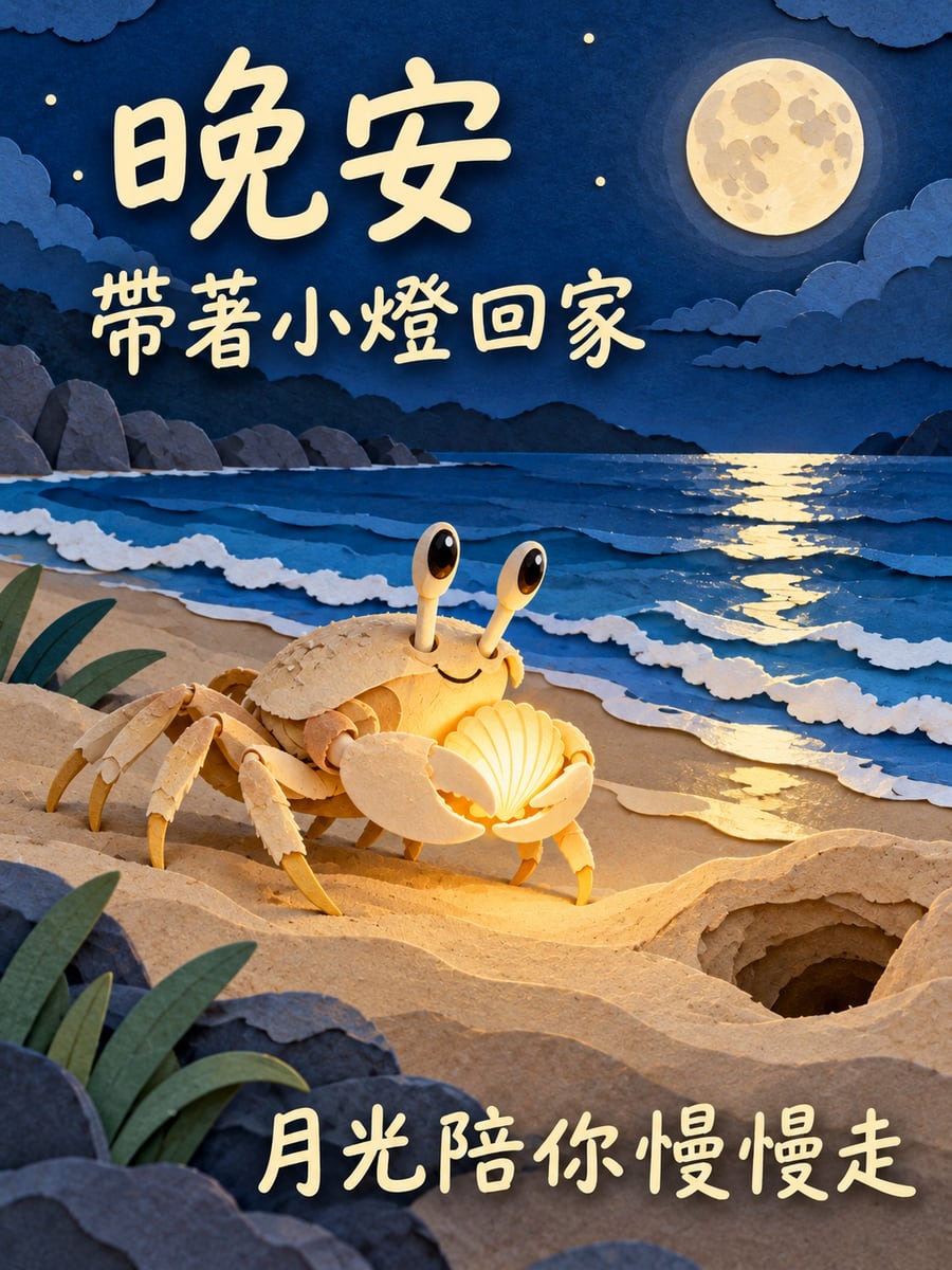 抱著發光貝殼的沙蟹。圖中文字：晚安，帶著小燈回家，月光陪你慢慢走