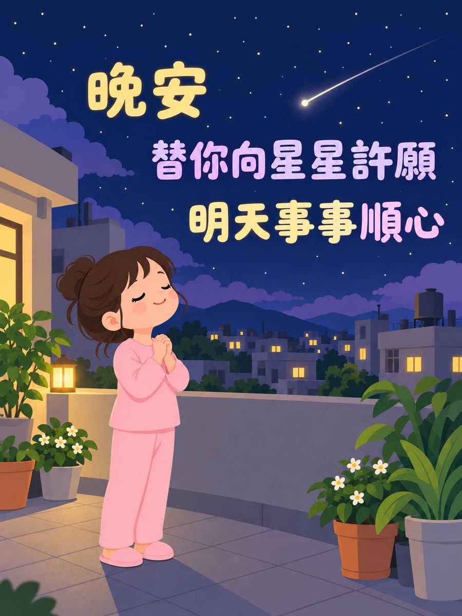 對星星許願的小女孩。圖中文字：晚安，替你向星星許願，明天事事順心