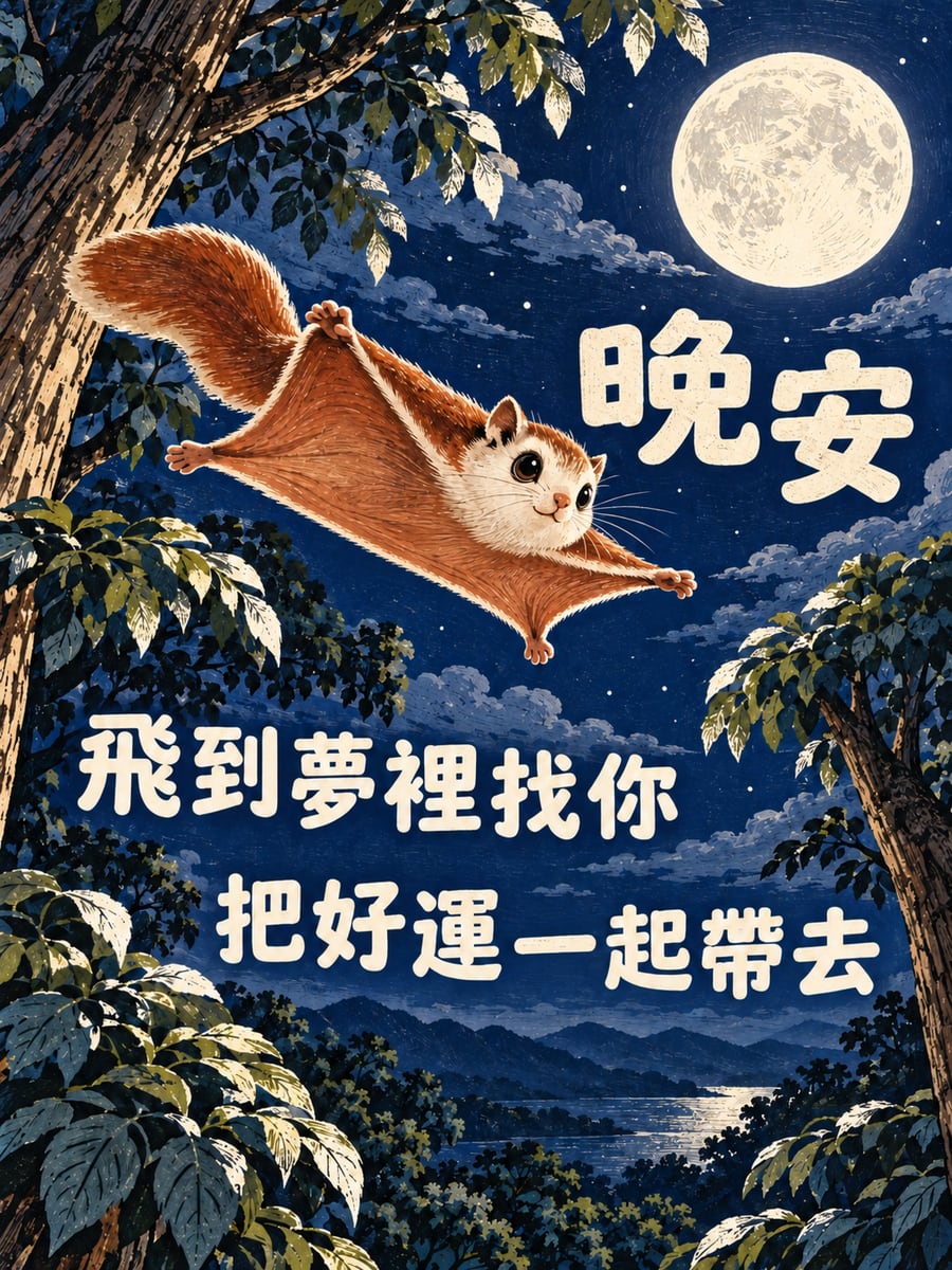 月夜滑翔的白面鼯鼠。圖中文字：晚安，飛到夢裡找你，把好運一起帶去