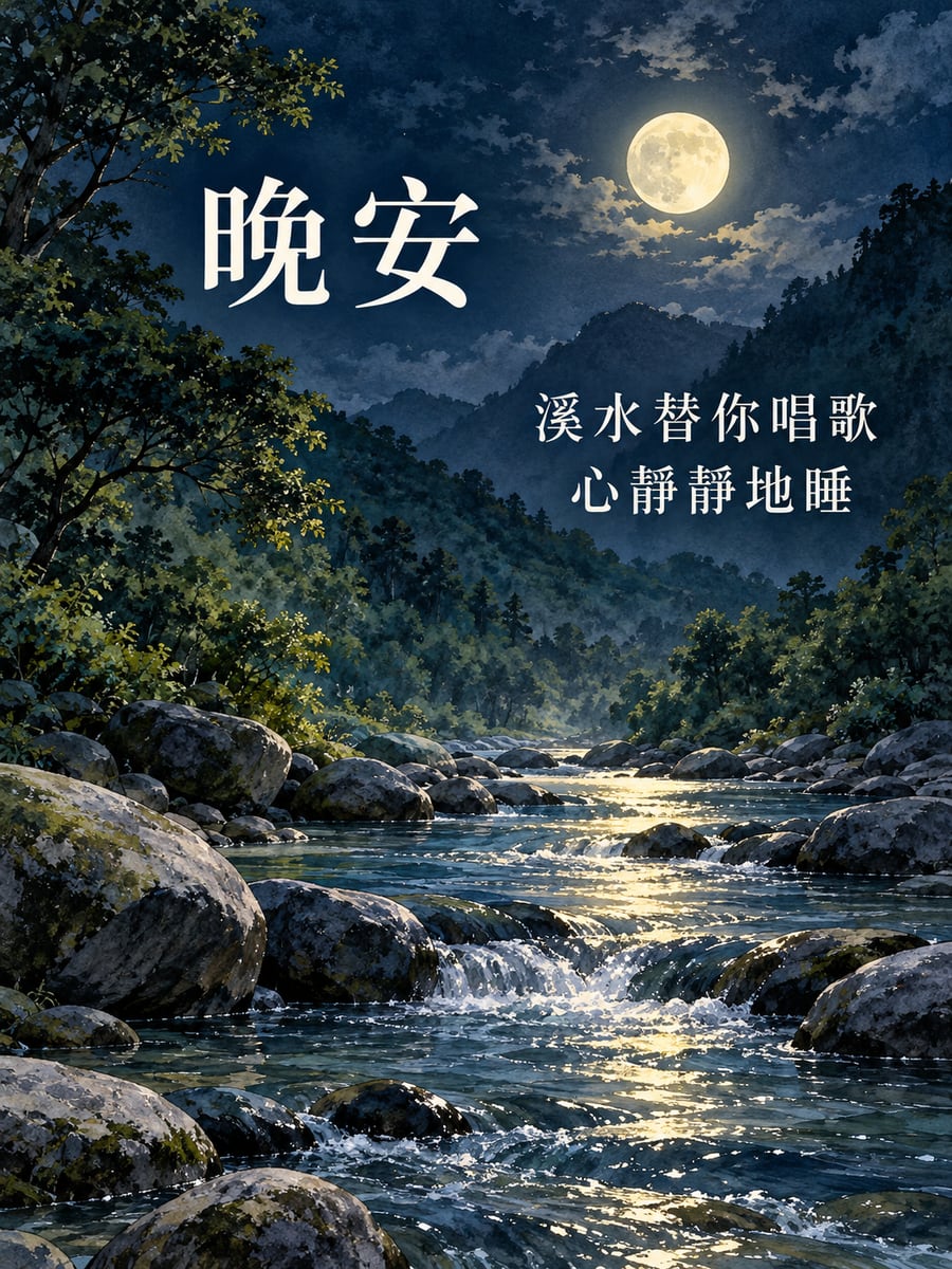 月光溪谷。圖中文字：晚安，溪水替你唱歌，心靜靜地睡