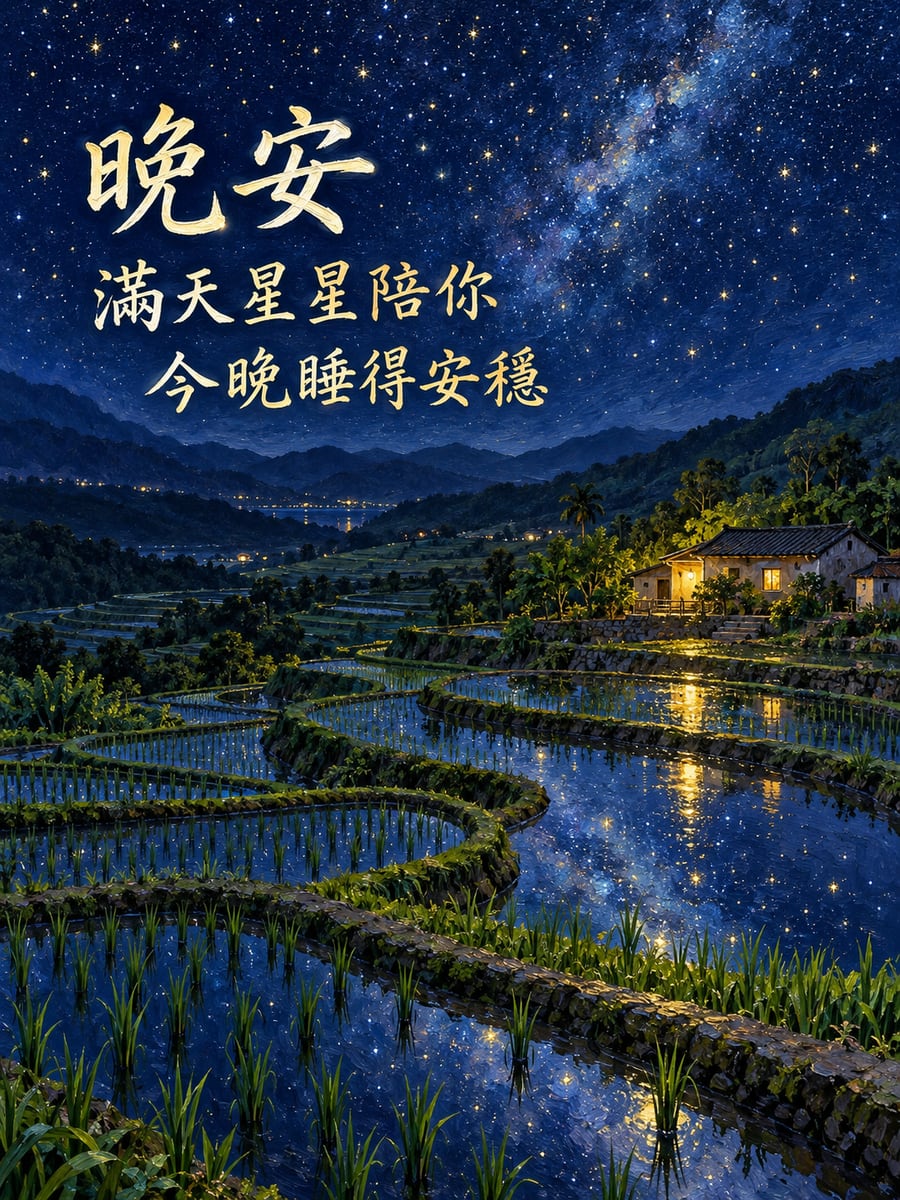 梯田星空。圖中文字：晚安，滿天星星陪你，今晚睡得安穩