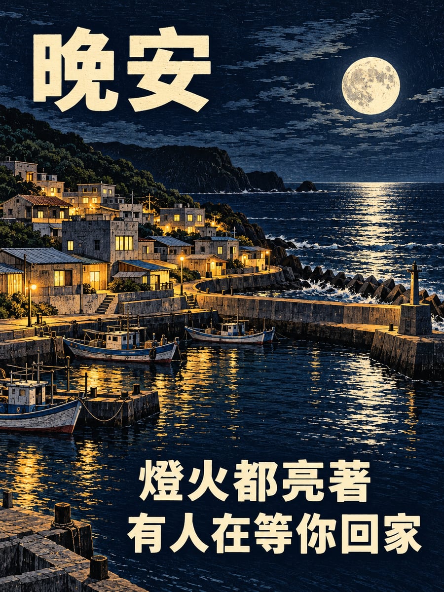 海岬漁村燈火。圖中文字：晚安，燈火都亮著，有人在等你回家