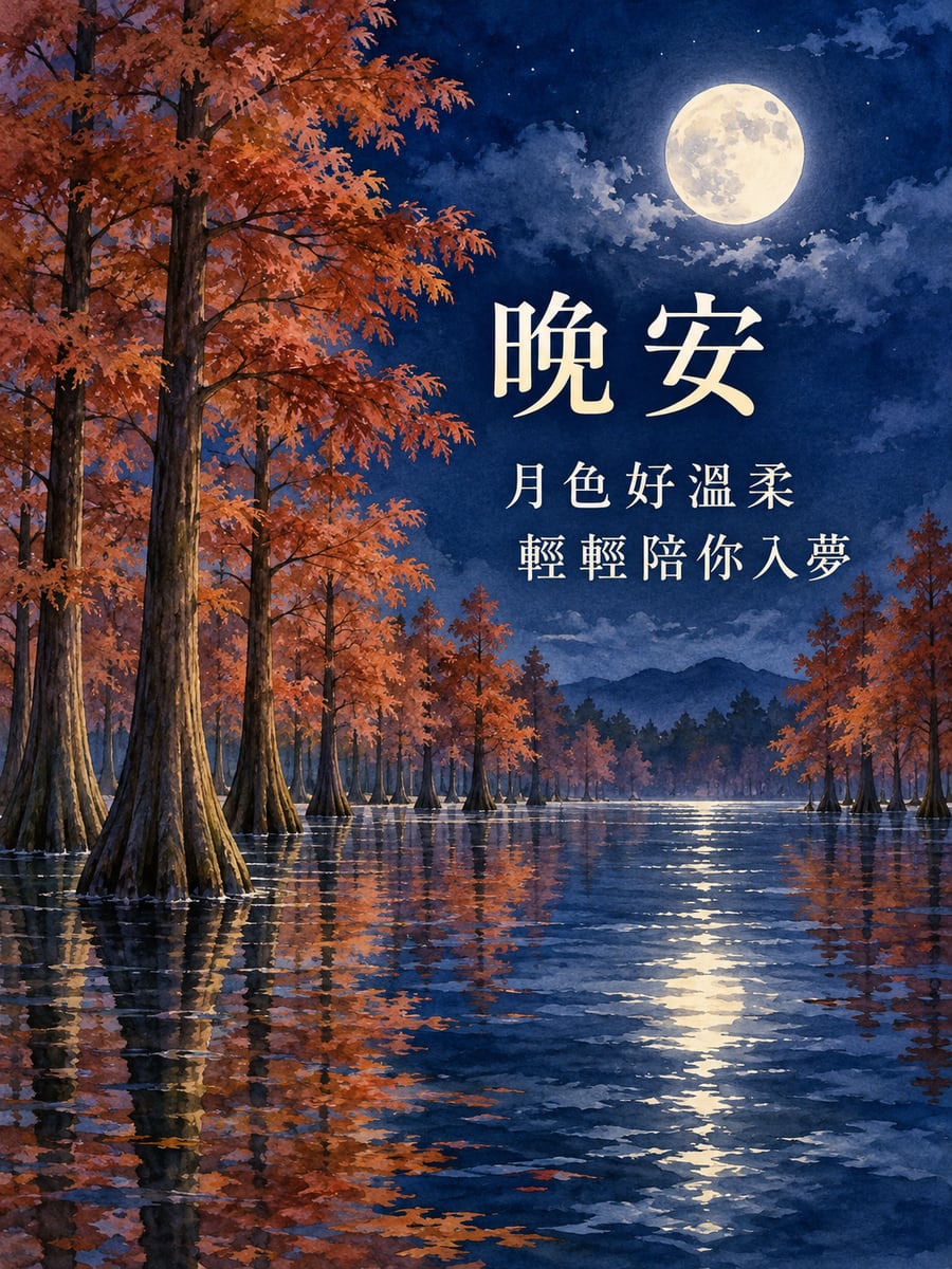 落羽松倒影。圖中文字：晚安，月色好溫柔，輕輕陪你入夢