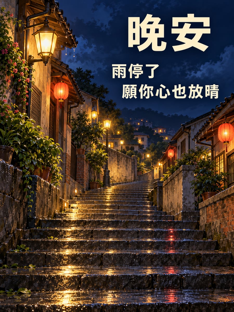 雨後的石階坡道。圖中文字：晚安，雨停了，願你心也放晴