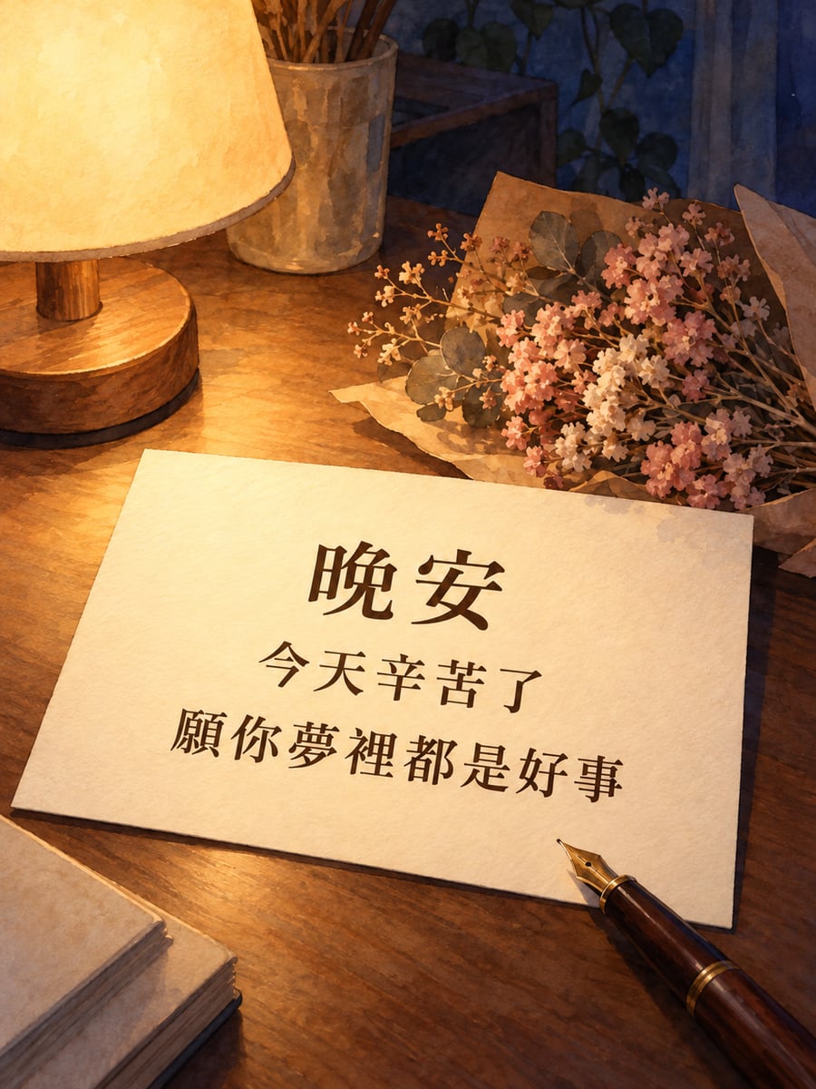寫給你的晚安卡。圖中文字：晚安，今天辛苦了，願你夢裡都是好事