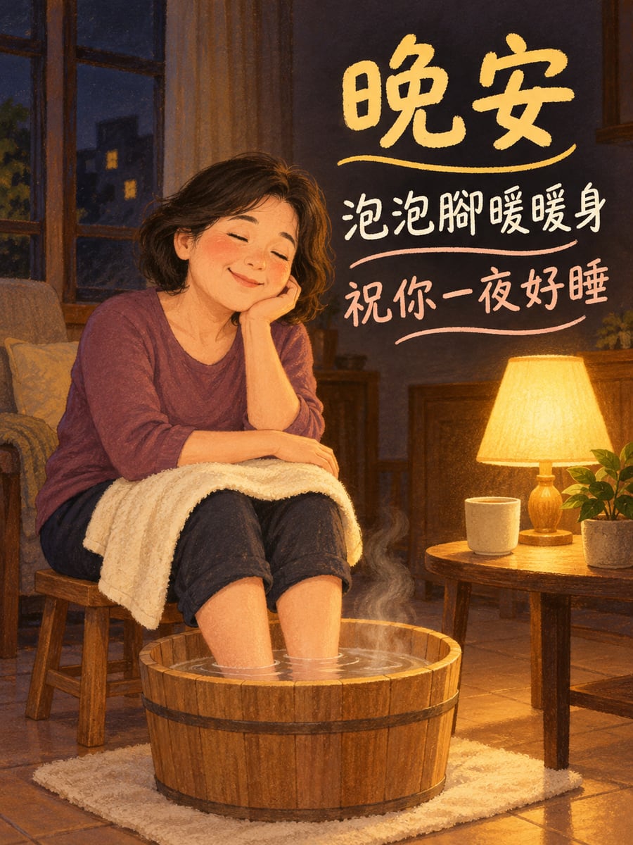 睡前泡腳。圖中文字：晚安，泡泡腳暖暖身，祝你一夜好睡