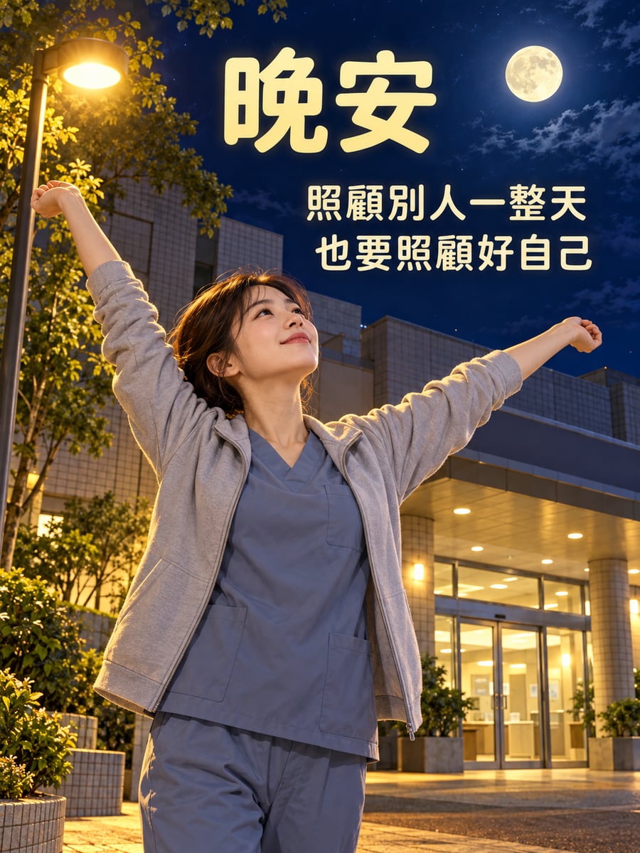 下班的護理師。圖中文字：晚安，照顧別人一整天，也要照顧好自己