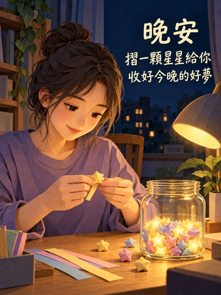 摺星星的玻璃瓶。圖中文字：晚安，摺一顆星星給你，收好今晚的好夢