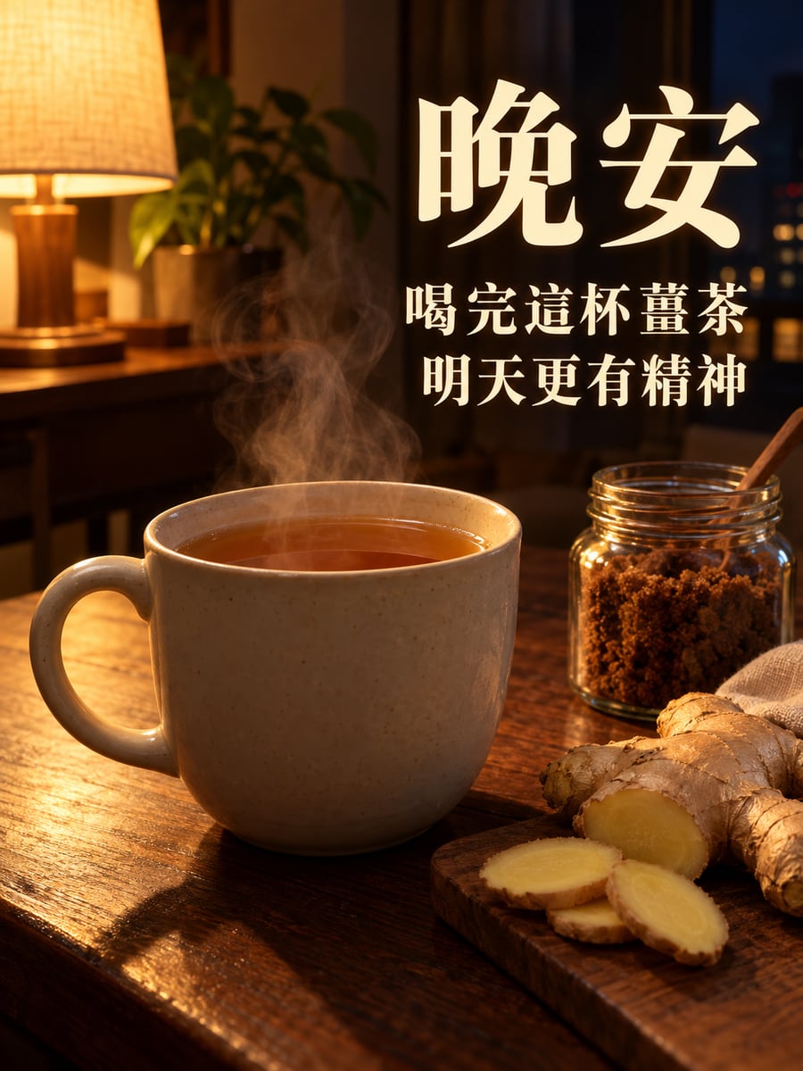 一杯熱薑茶。圖中文字：晚安，喝完這杯薑茶，明天更有精神