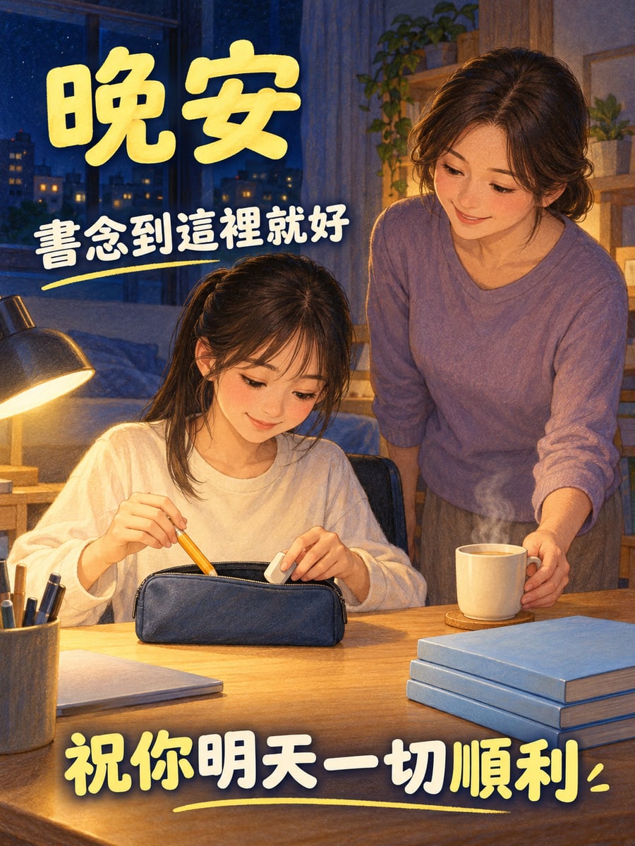 筆收好了。圖中文字：晚安，書念到這裡就好，祝你明天一切順利