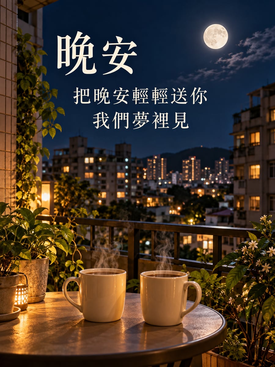 陽台的兩杯熱茶。圖中文字：晚安，把晚安輕輕送你，我們夢裡見