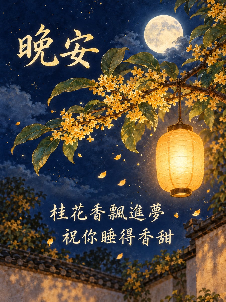 桂花與提燈。圖中文字：晚安，桂花香飄進夢，祝你睡得香甜