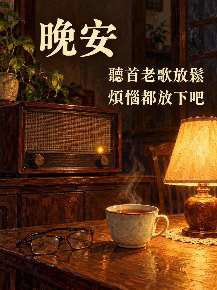聽一首老歌。圖中文字：晚安，聽首老歌放鬆，煩惱都放下吧