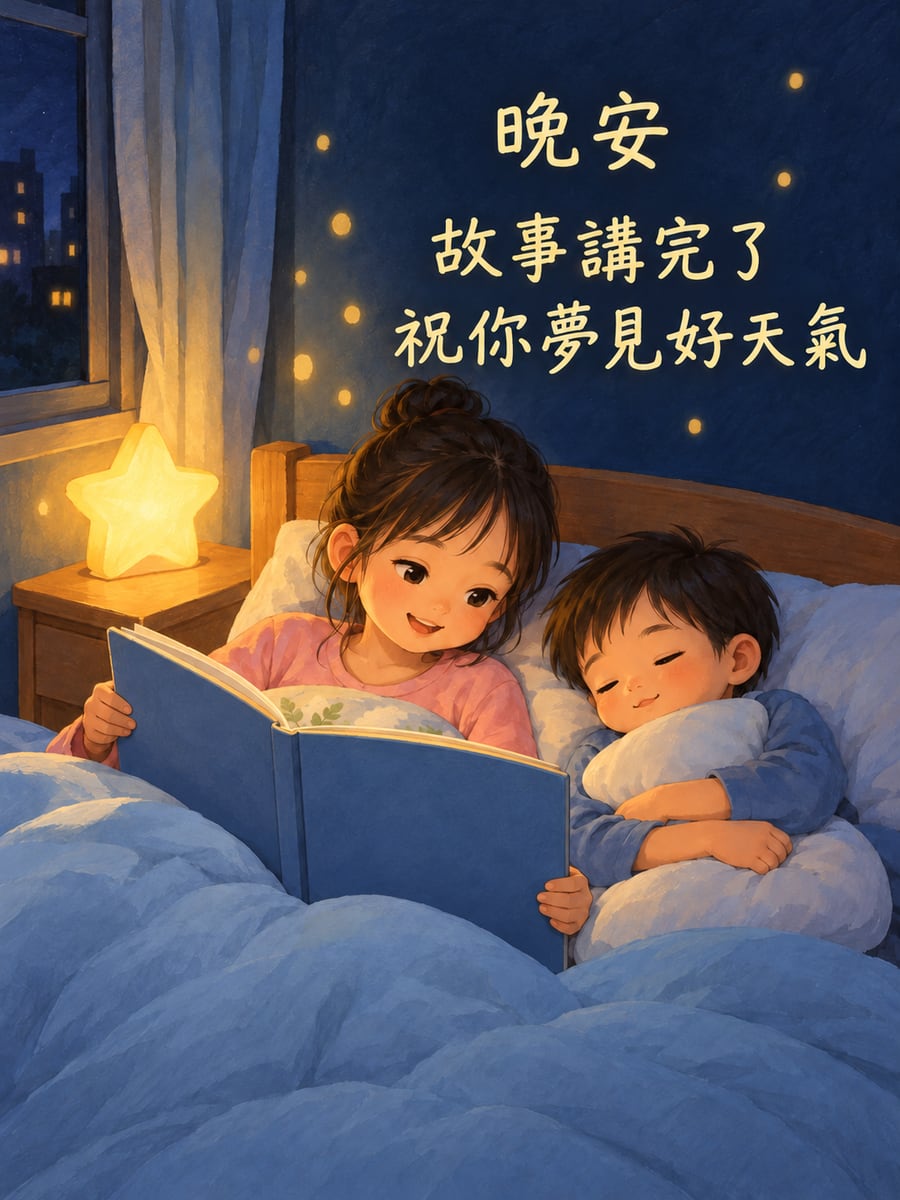 姊姊講故事。圖中文字：晚安，故事講完了，祝你夢見好天氣