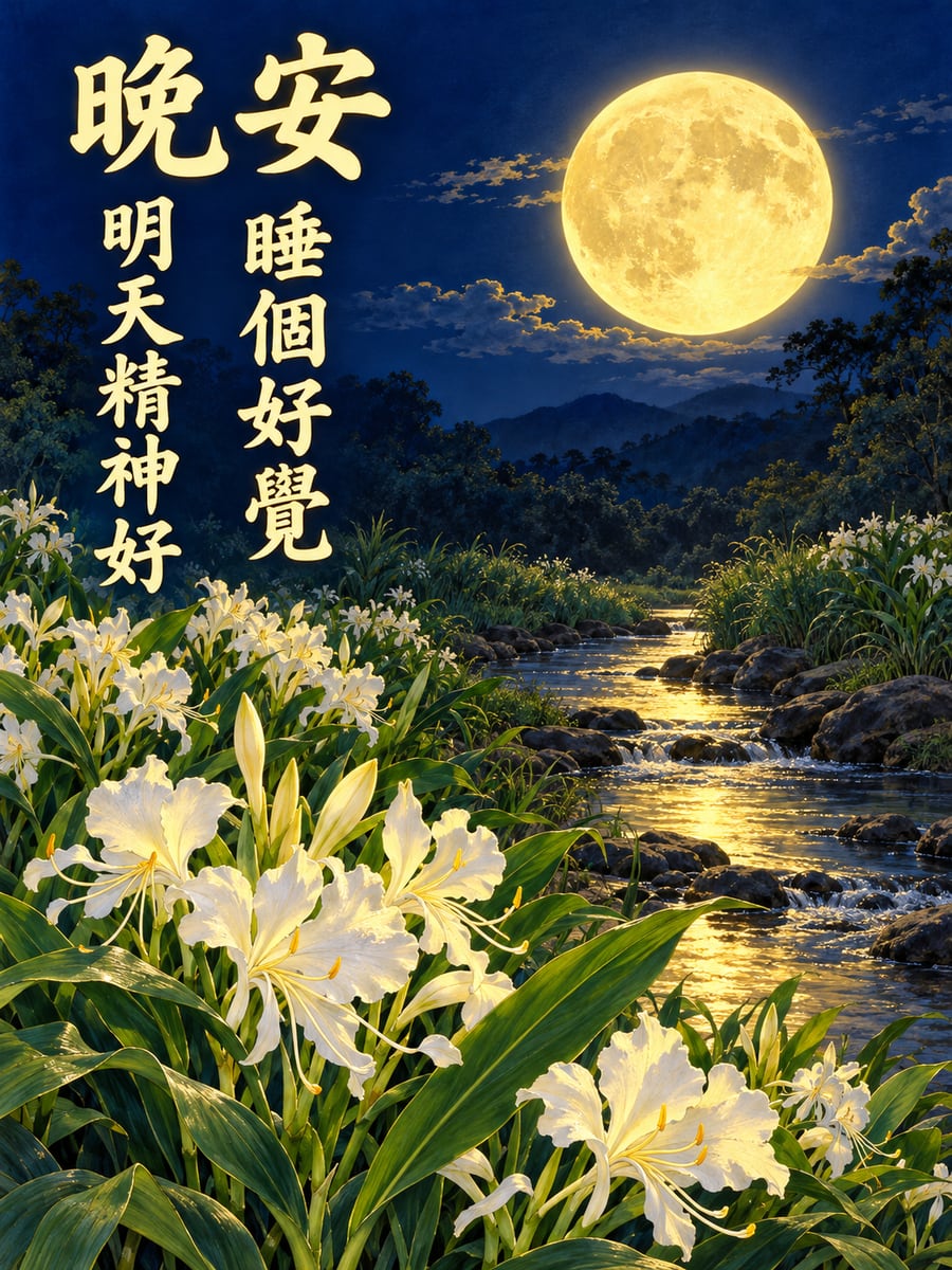 圓月與野薑花。圖中文字：晚安，睡個好覺，明天精神好