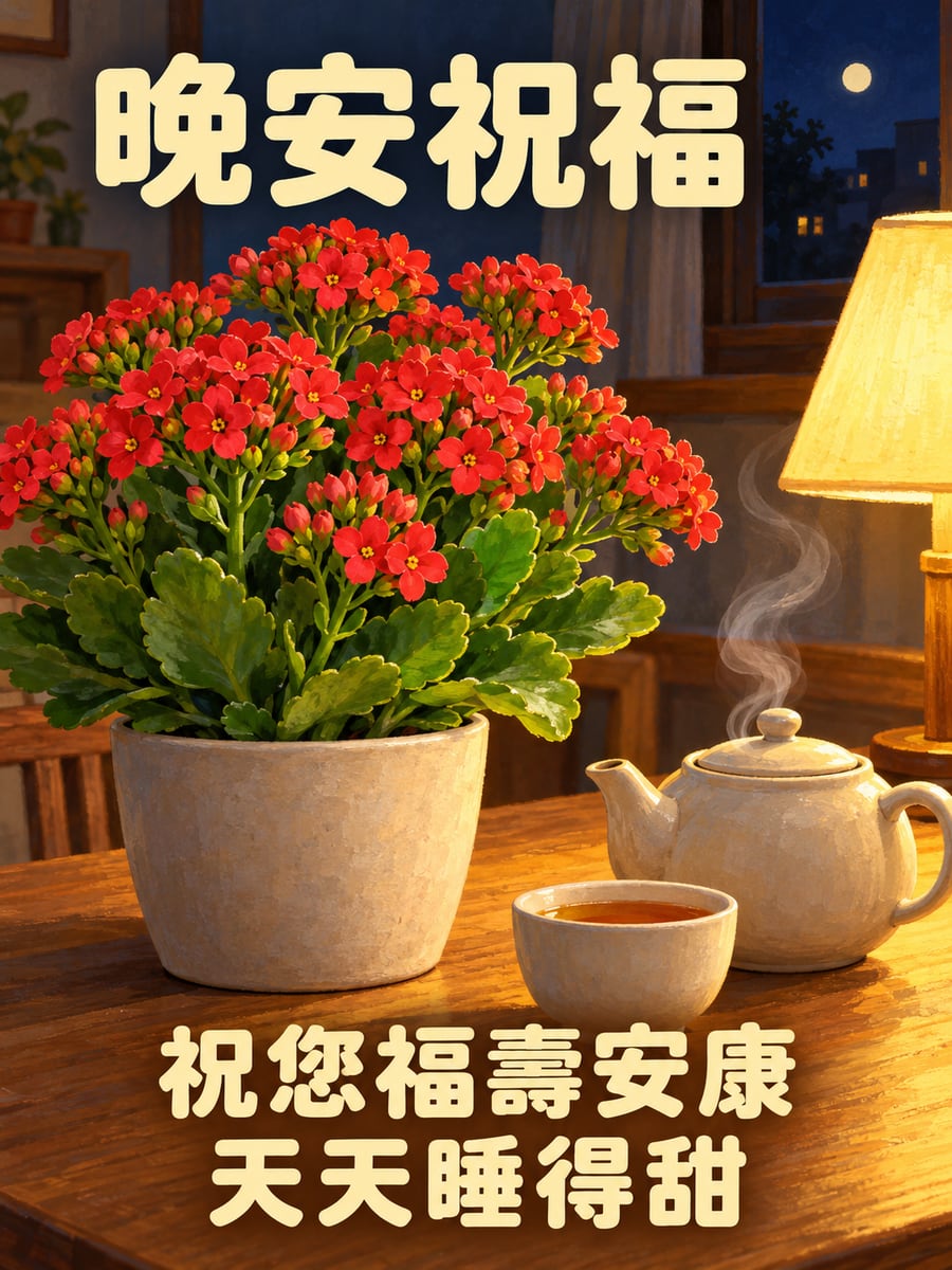 長壽花與熱茶。圖中文字：晚安祝福，祝您福壽安康，天天睡得甜