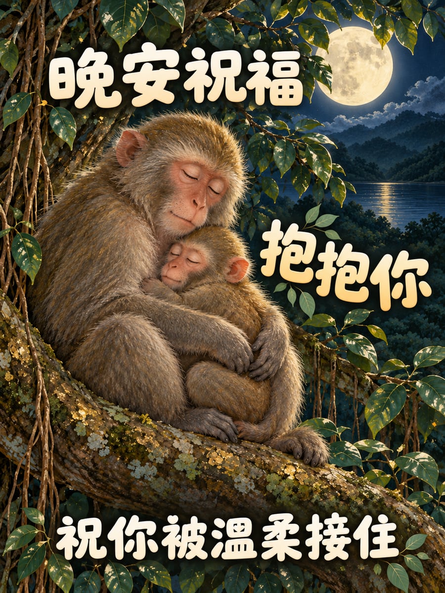 抱著寶寶睡的獼猴媽媽。圖中文字：晚安祝福，抱抱你，祝你被溫柔接住