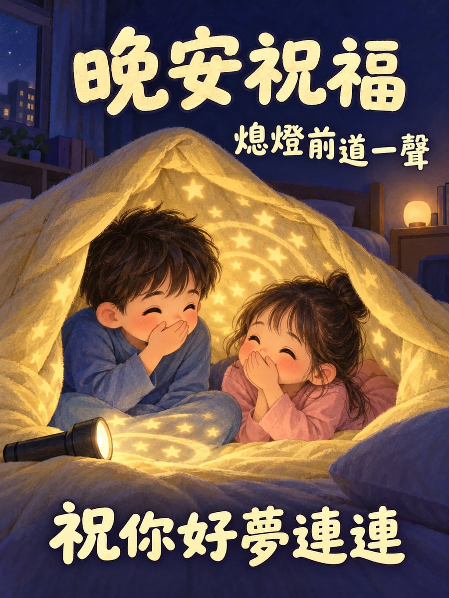 被窩帳篷裡的兄妹。圖中文字：晚安祝福，熄燈前道一聲，祝你好夢連連