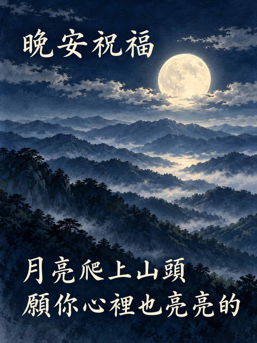 稜線上的明月。圖中文字：晚安祝福，月亮爬上山頭，願你心裡也亮亮的