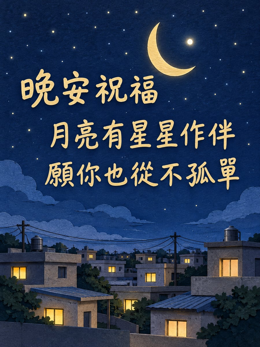 彎月與亮星。圖中文字：晚安祝福，月亮有星星作伴，願你也從不孤單