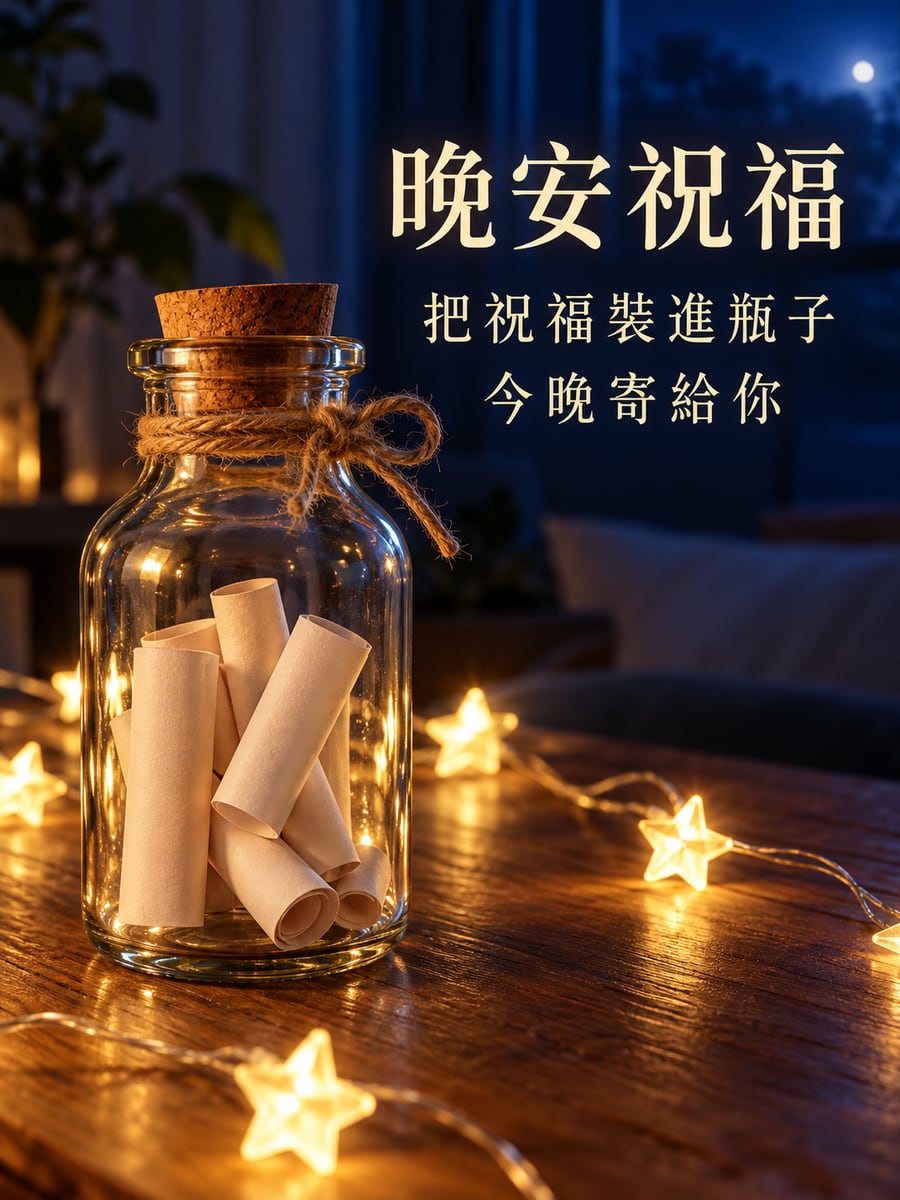 裝滿祝福的玻璃瓶。圖中文字：晚安祝福，把祝福裝進瓶子，今晚寄給你