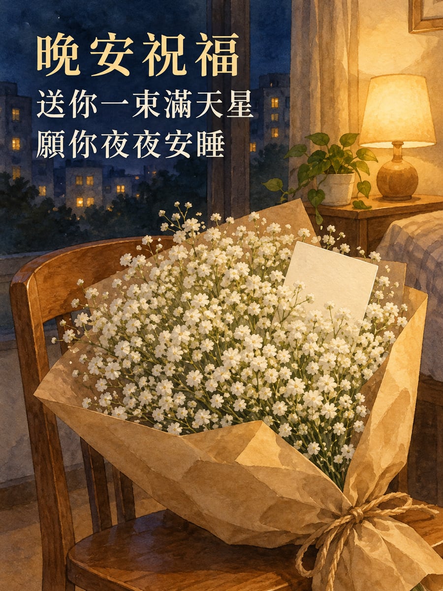 一束滿天星。圖中文字：晚安祝福，送你一束滿天星，願你夜夜安睡