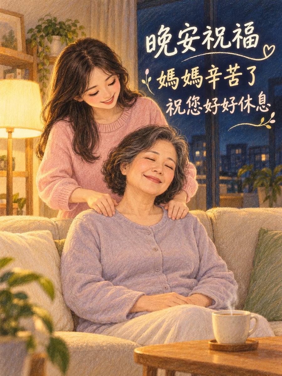 幫媽媽按肩膀。圖中文字：晚安祝福，媽媽辛苦了，祝您好好休息