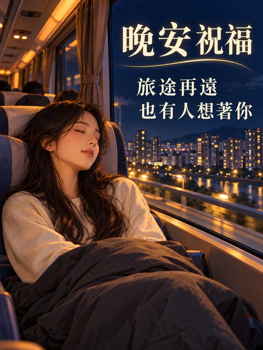 夜行客運上的旅人。圖中文字：晚安祝福，旅途再遠，也有人想著你