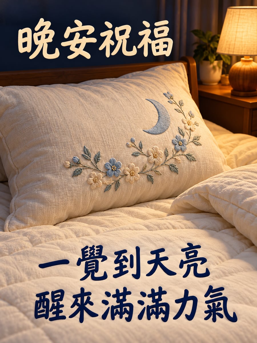 繡著小月亮的枕頭。圖中文字：晚安祝福，一覺到天亮，醒來滿滿力氣