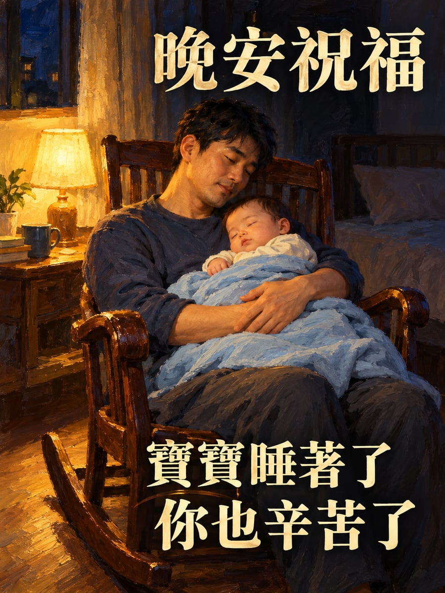 搖椅上的爸爸與寶寶。圖中文字：晚安祝福，寶寶睡著了，你也辛苦了